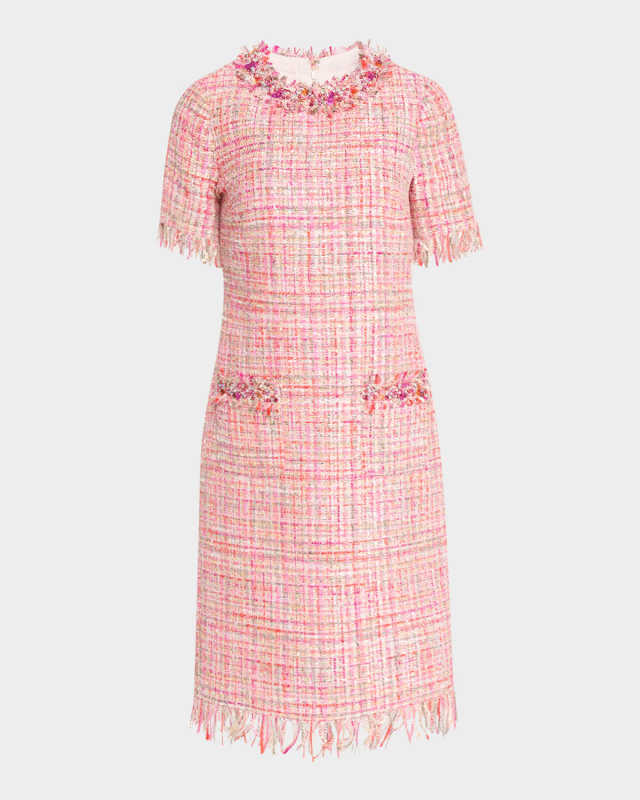 Fringe-Trim Beaded Tweed Midi Dress